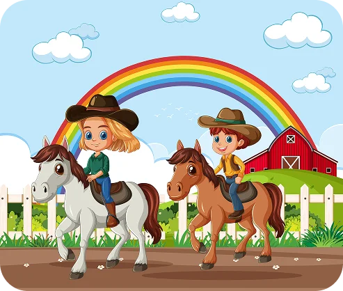 Deux enfants de dessin animé montent à cheval par une journée ensoleillée, coiffés de chapeaux de cow-boy. Un arc-en-ciel aux couleurs vives enjambe une grange rouge et une clôture blanche en arrière-plan.