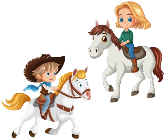 Un cow-boy de dessin animé, tout souriant, avec une écharpe bleue et un chapeau marron, chevauche un cheval blanc. Le cheval a une crinière jaune, et tous deux semblent pleins de vie et espiègles.