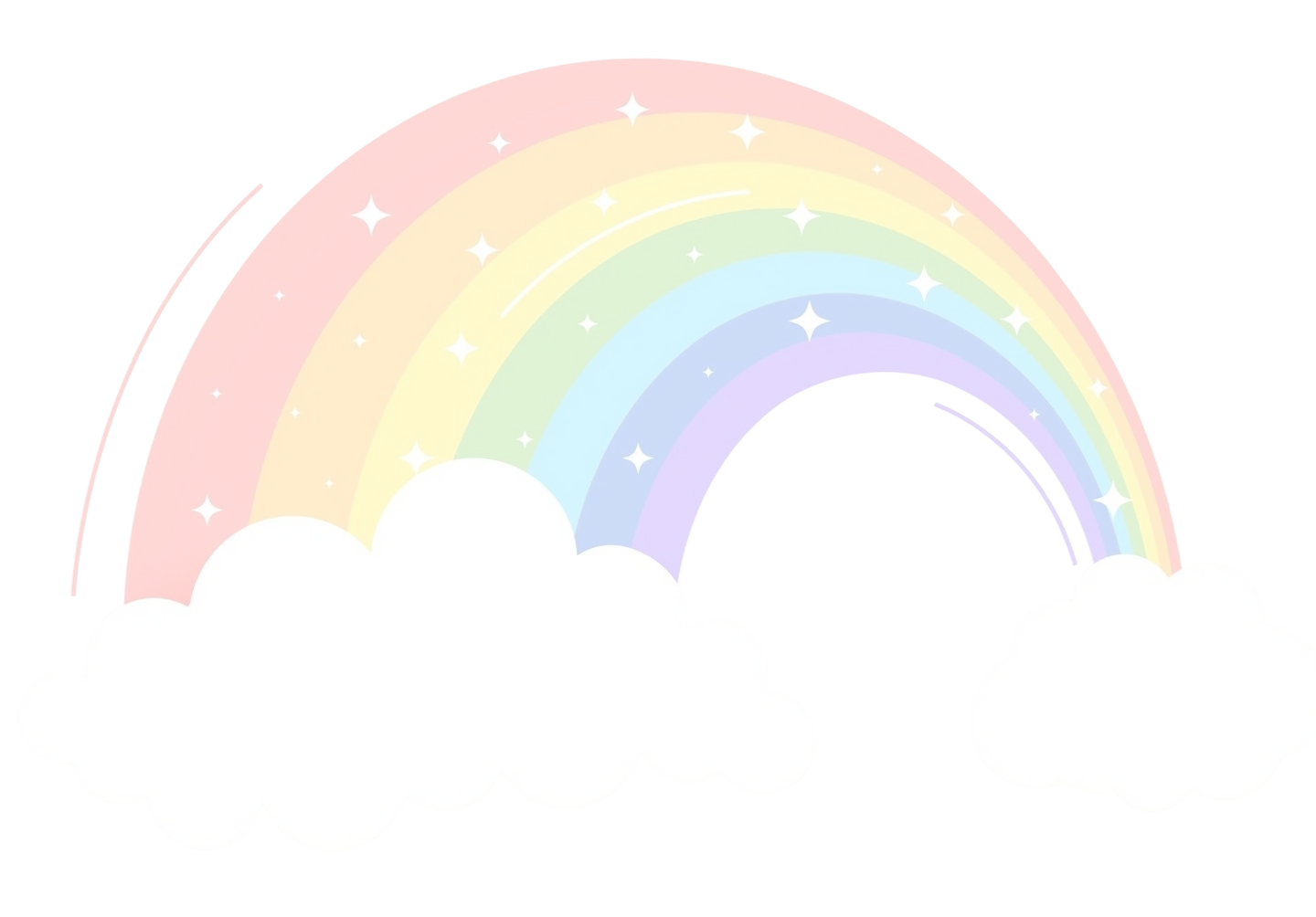 Sur un fond noir, on aperçoit des arcs-en-ciel chatoyants au-dessus de deux nuages blancs cotonneux. Les couleurs vives et les étoiles créent une atmosphère joyeuse et féérique.