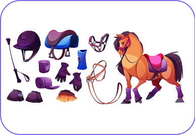 Illustration d'équipements d'équitation, comprenant un casque, une selle, une bride, une cravache, des gants, des guêtres, des bottes, ainsi qu'un cheval avec une selle et une bride colorées.