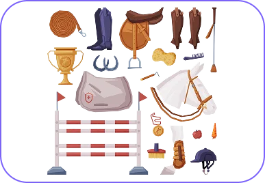 Équipement d'équitation illustré sur fond noir. Comprend une selle, une bride, un casque, des bottes, des obstacles, un trophée et des accessoires de pansage. Thème équestre.