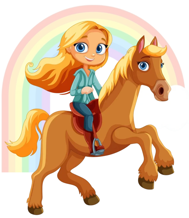 Un personnage de dessin animé aux longs cheveux blonds chevauche un joyeux cheval brun. Le cavalier porte une chemise bleu sarcelle et des bottes rouges, dégageant une impression de gaieté et d'aventure.