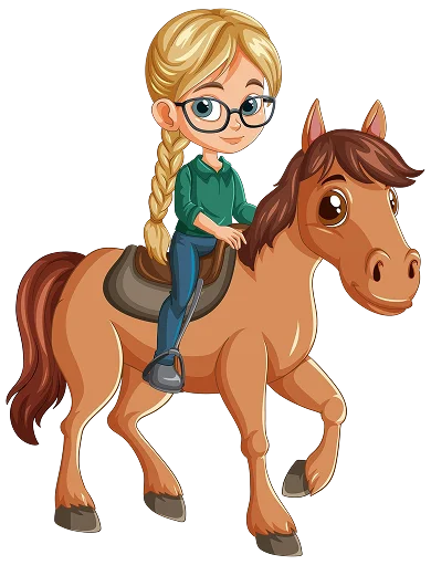 Dessin représentant une fillette souriante, portant des lunettes et une tresse, à cheval sur un cheval brun. Elle porte un t-shirt vert et un jean, ce qui lui donne un air joyeux et aventureux.