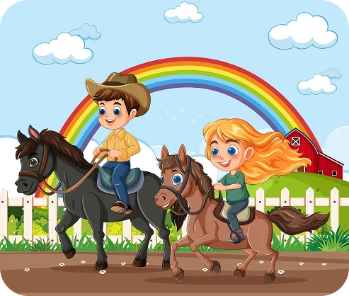 Un garçon coiffé d'un chapeau de cow-boy et une fille aux cheveux au vent chevauchent joyeusement sous un arc-en-ciel. Une grange rouge et une clôture blanche viennent compléter cette scène pleine de gaieté.