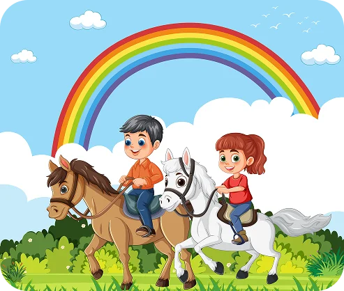 Deux enfants joyeux à cheval sous un arc-en-ciel aux couleurs vives, dans un ciel lumineux et ensoleillé. La scène est pleine de vie, avec des nuages cotonneux et un feuillage verdoyant.