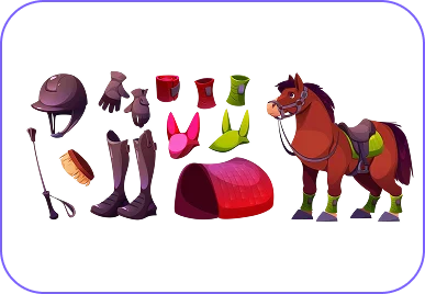 Une illustration représentant l'équipement d'équitation, comprenant un casque, des gants, une selle, des bottes et des accessoires colorés. Un cheval brun sellé se tient debout à droite.