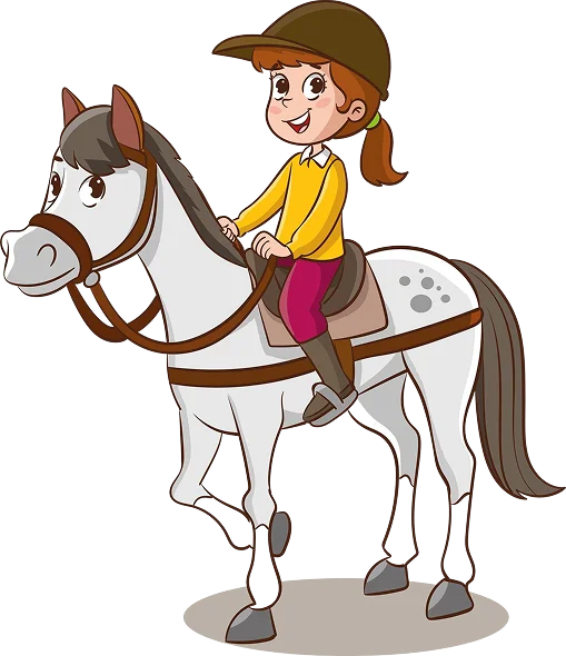 Une jeune fille vêtue d'une veste jaune et d'un casque monte joyeusement un cheval blanc aux marques noires. La scène dégage une atmosphère de bonheur et d'enthousiasme.