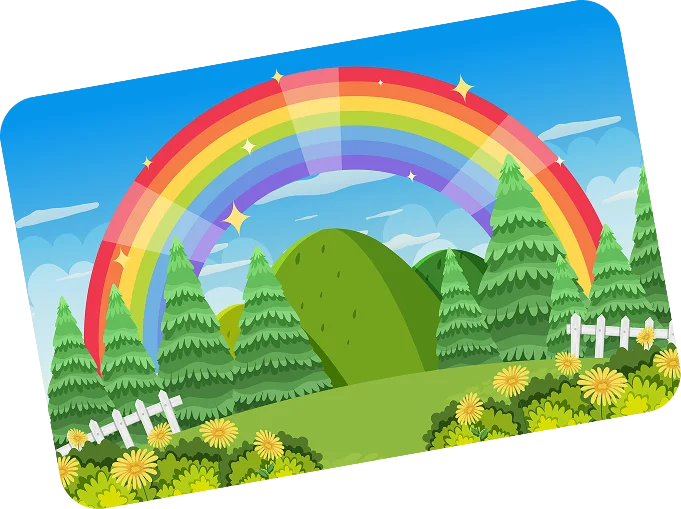 Paysage de dessin animé avec des arbres, des fleurs jaunes et une clôture blanche, sous un arc-en-ciel aux couleurs vives qui enjambe des collines verdoyantes, sur fond de ciel bleu éclatant.